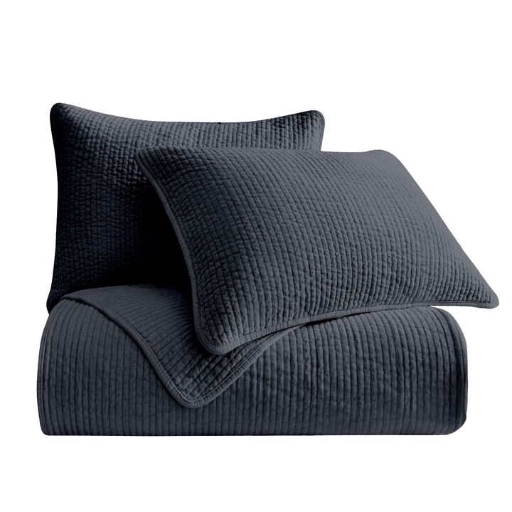Stonewashed Navy Cotton Velvet King Quilt Set