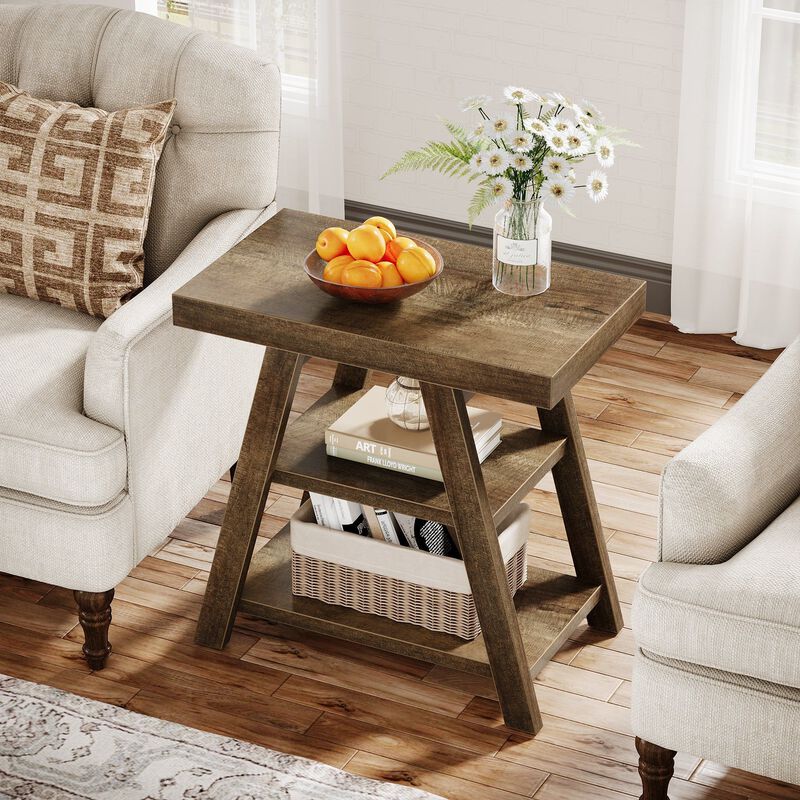 3-Tier Wood Side Table with Storage Shelf, End Table for Bedroom & Living Room - Rustic Brown image number 5