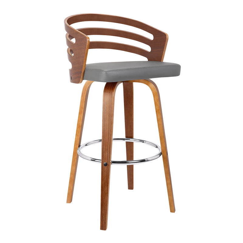 Leatherette Swivel Wooden Counter Stool with Curved Back, Brown and Gray - Benzara image number 1