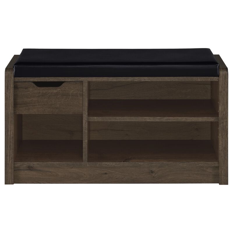 Aryn Storage Bench, Adjustable Shelf, Black Faux Leather, Dark Brown - Benzara