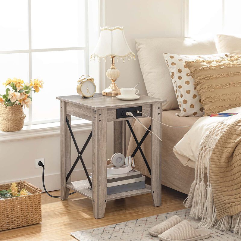 Set of 2 Industrial Side Tables with USB Charging Ports and Shelves-Greige image number 3