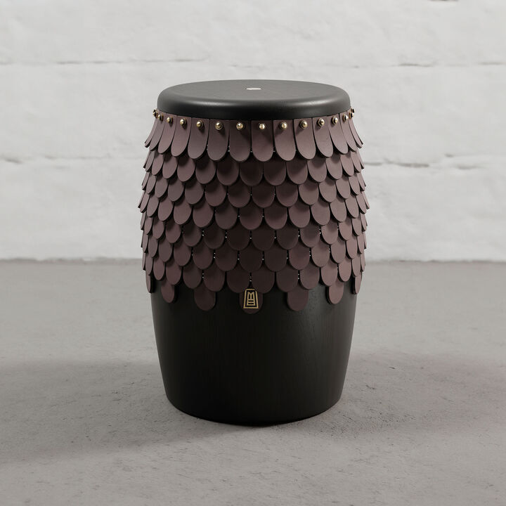 SITIERA_01 Solid Wood Stool, with Cognac Thick Leather Accents, and Aged Bronze by ANDEAN, In Stock