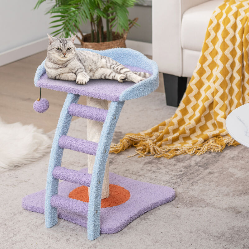 Mohair Plush Cat Tree with Ladder and Jingling Ball-Purple