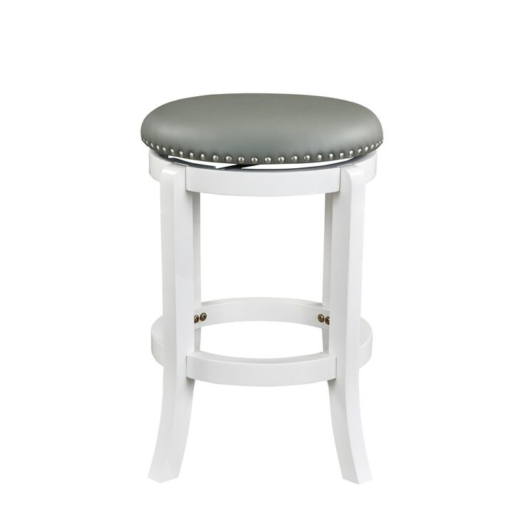 Ovi 25 Inch Backless Swivel Counter Stool, Gray Faux Leather, Nailhead Trim - Benzara