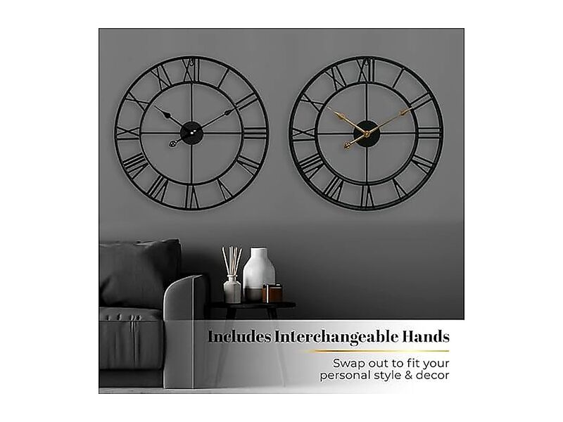 Silent 24 Inch Wall Clocks Living Decor Large Black Metal Roman Numeral Modern image number 3