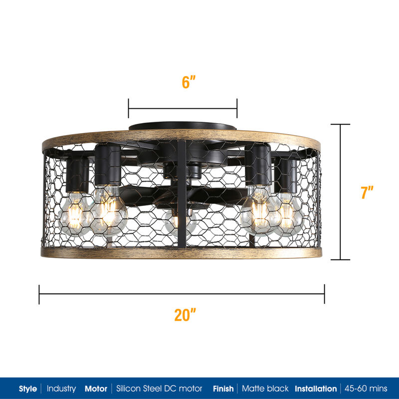 20" Industrial Caged Ceiling Fan, Small Flush Mount Ceiling Fan With 7-ABS Blades Remote Control image number 3
