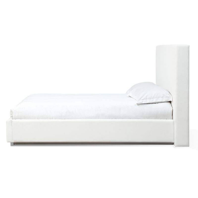 Uma King Size Platform Bed, Tall Panel Headboard, Cream Canvas Upholstery - Benzara
