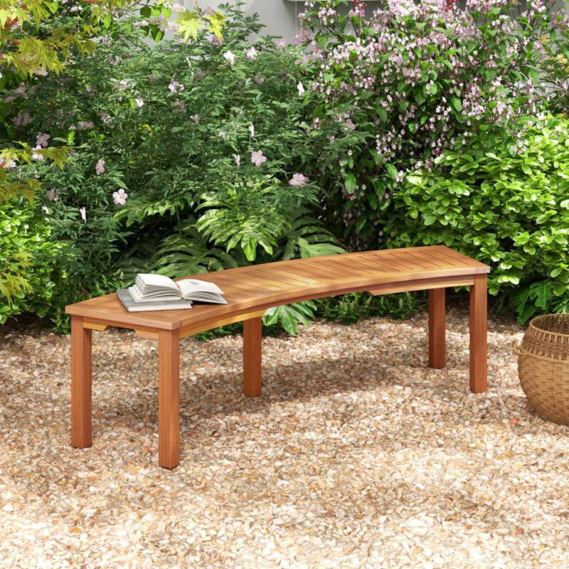 Hivvago Outdoor Curved Acacia Wood Fire Pit Bench with Slatted Seat