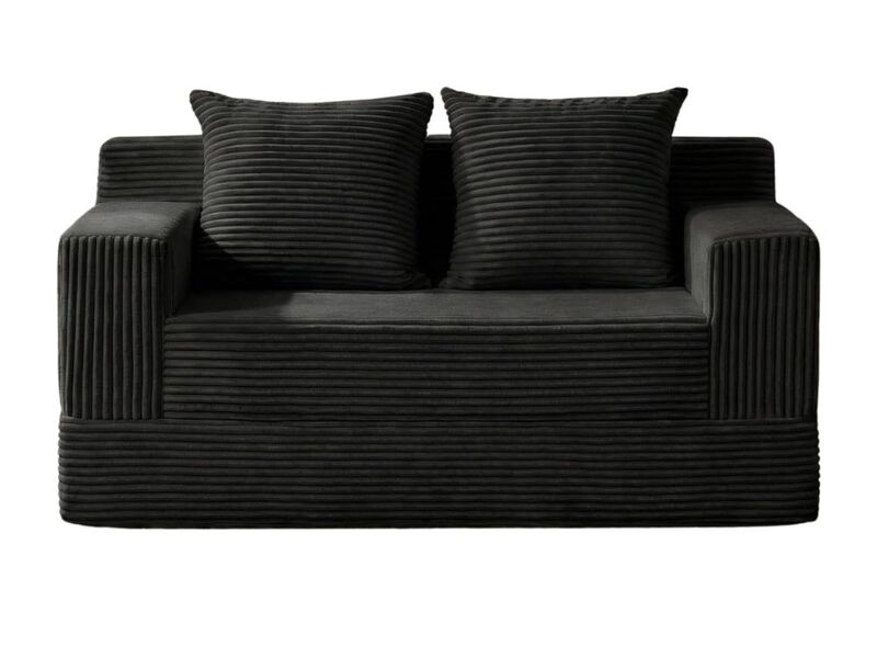 Loveseat Sofa Bed &ndash; Black Corduroy Convertible Couch with Fold‑Out Design & 2 Pillows image number 0