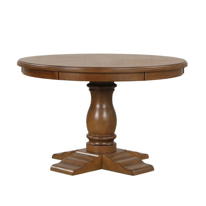 Dinie Dining Table, Classic Turned Base, Chestnut Brown Wood 48 Inch - Benzara