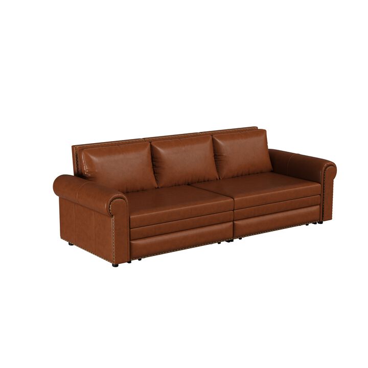 TATEUS 93.7" Chesterfield King Pull-Out Sofa Bed, Faux Leather 3-in-1 Convertible Sleeper