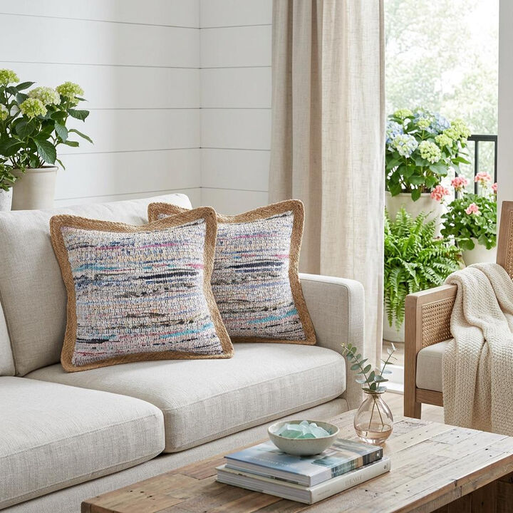 HomeRoots Set of Two 20" Aqua Ivory And Natural Striped Cotton And Jute Throw Pillows with Texture