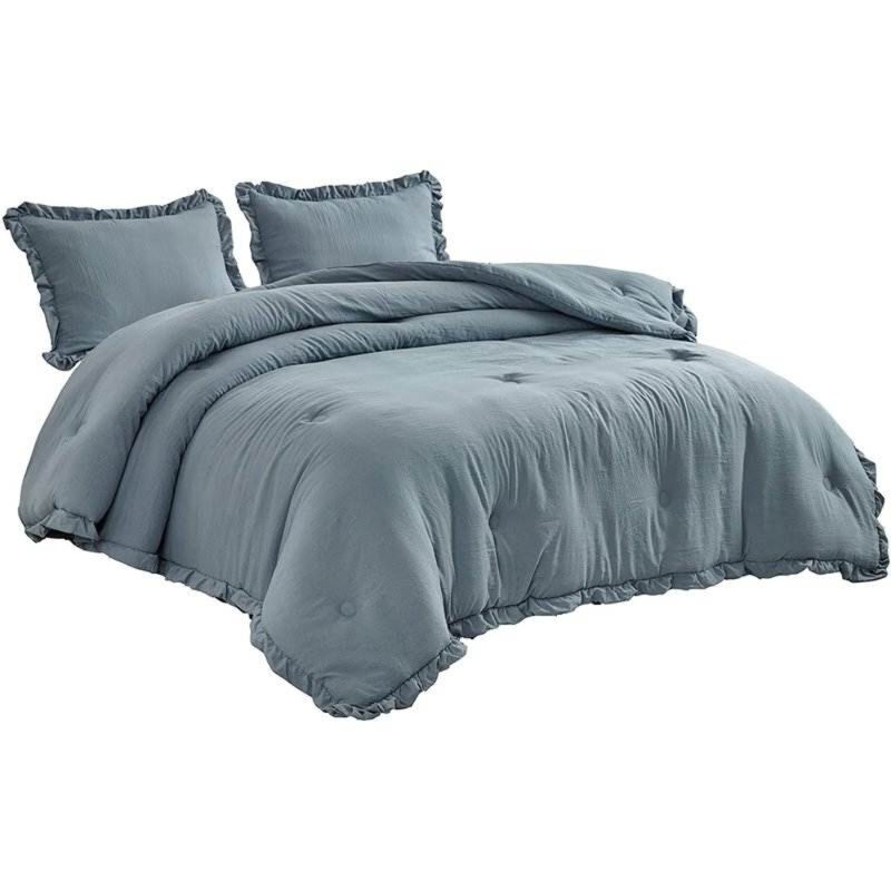 3-Piece Stone-Washed Comforter Set – Soft Microfiber Bedding with Ruffle Detailing