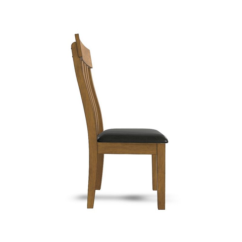 Raly Dining Side Chair Set of 2, Brown Faux Leather Seat, Slated Back - Benzara