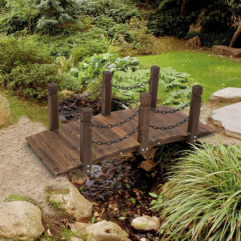 Outsunny 5 ft Wooden Garden Bridge Arc Footbridge with Metal Chain Railings & Solid Fir Construction, Stained Wood