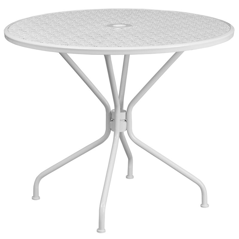 Flash Furniture Oia Commercial Grade 35.25" Round White Indoor-Outdoor Steel Patio Table Set with 4 Round Back Chairs