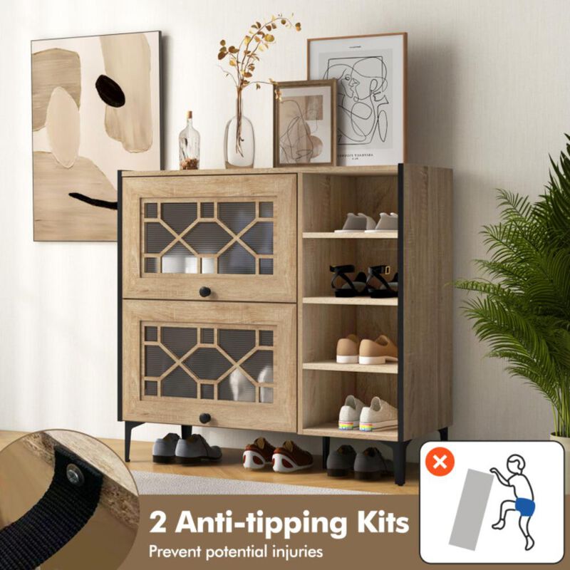Hivvago Rustic Shoe Cabinet with Flip-up See-through Doors and Adjustable Shelves