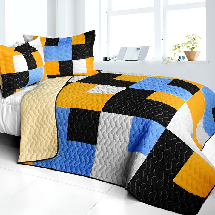Queen Size 3 Piece Patchwork Quilt Set Vermicelli Quilted Cozy Bedspread Set