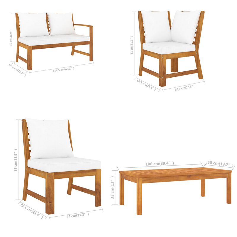 Roma 4pc Modular Outdoor Sofa and Table Set, Solid Acacia Wood, White - Benzara
