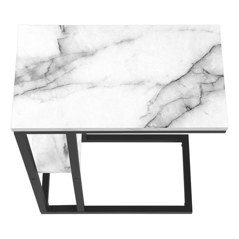 Monarch Specialties I 3675 Accent Table, C-shaped, End, Side, Snack, Living Room, Bedroom, Metal, Laminate, White Marble Look, Black, Contemporary, Modern