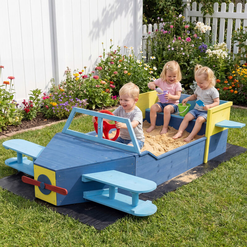 Kids Wooden Sandbox with Bottom Liner and Bench Seats - Blue image number 3