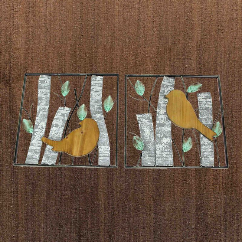 Set / 2 Rustic Green Wood & Metal Leaf Birds & Branches Wall Sculpture Art Decor image number 4