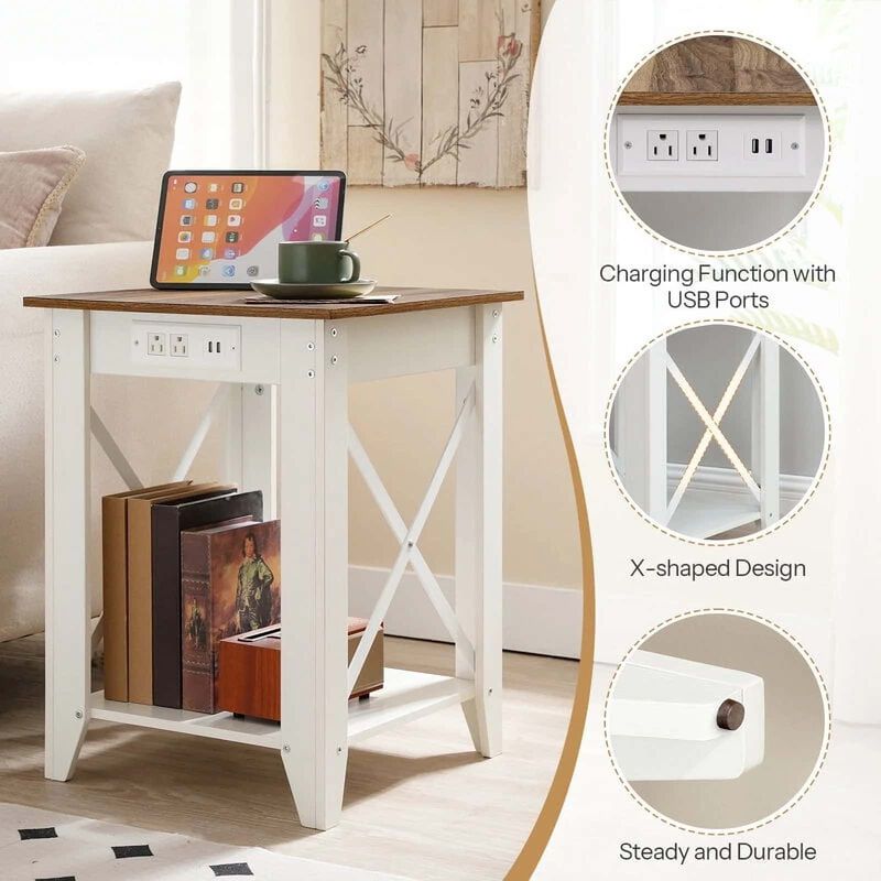 Modern 2-Tier Nightstand with USB Ports, Power Outlets and Storage Shelf-White image number 4