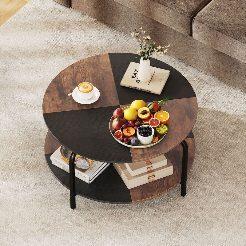Rustic Brown Round Coffee Table, 2 Tier Metal Frame with Storage Shelf image number 5