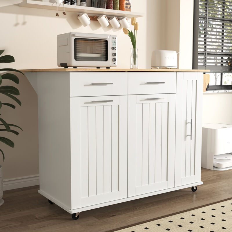 Whisen Kitchen Island with 3 Tier Pull Out Cabinet and 2 Drawers - White