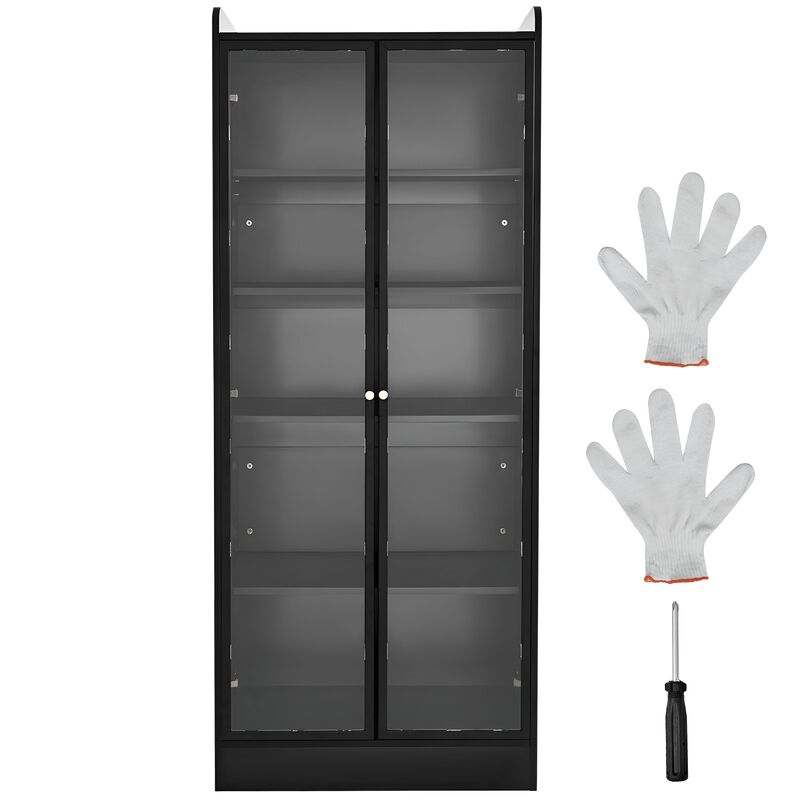 Lighted Display Cabinet with Glass Doors, 5-Tier Curio Bookcase with 2 Adjustable Shelves-Black image number 3