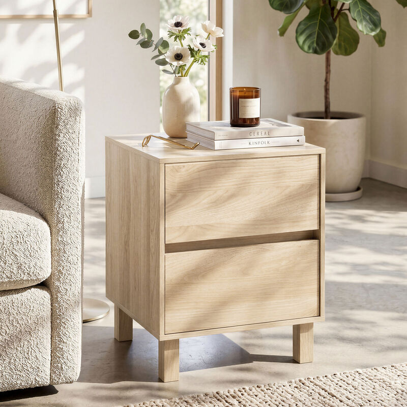 Set of 2 Contemporary Wooden End Tables with Storage Drawers for Sofa and Bedroom Use-Natural image number 3