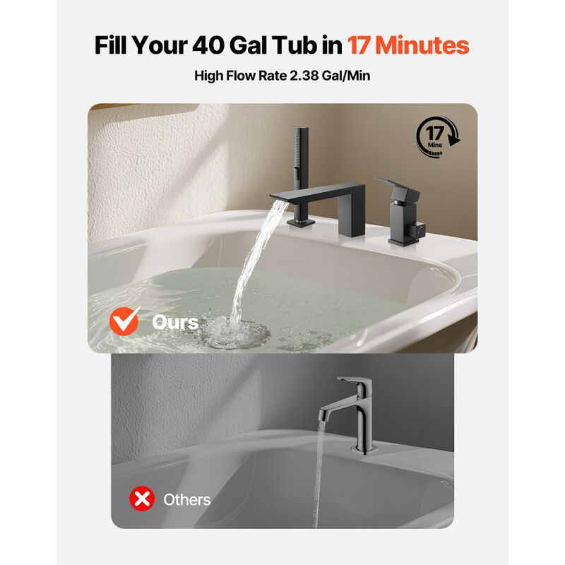 Waterfall Roman Tub Faucet Set with Handheld Shower, 3 Hole Bathtub Faucet-     Matte Black image number 7