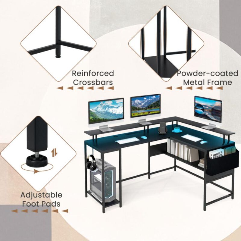 Hivvago L-Shaped Gaming Desk with LED Lights and Power Outlets Home Office Computer Desk