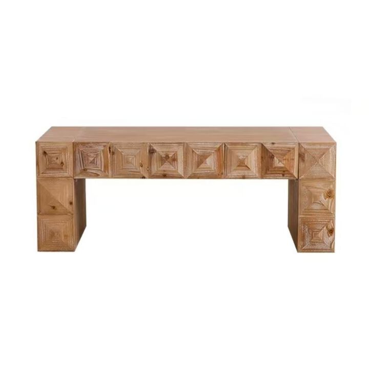 47.24"Rustic Geometric Relief Coffee Table-Rectangle Coffee Table with 3D Carved Details