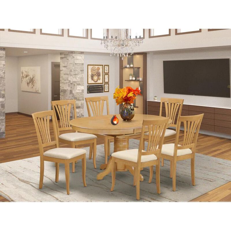 7Pc Dining Set – Oval Kitchen Table with Butterfly Leaf and 6 Linen Fabric Upholstered Chairs