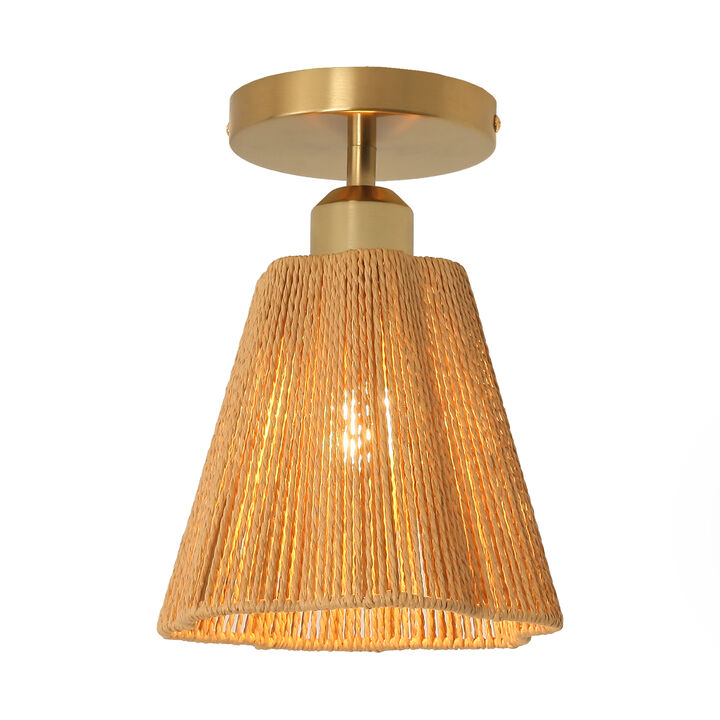 7.3" Modern Brass Hemp Paper Rope Semi Flush Mount Ceiling Light