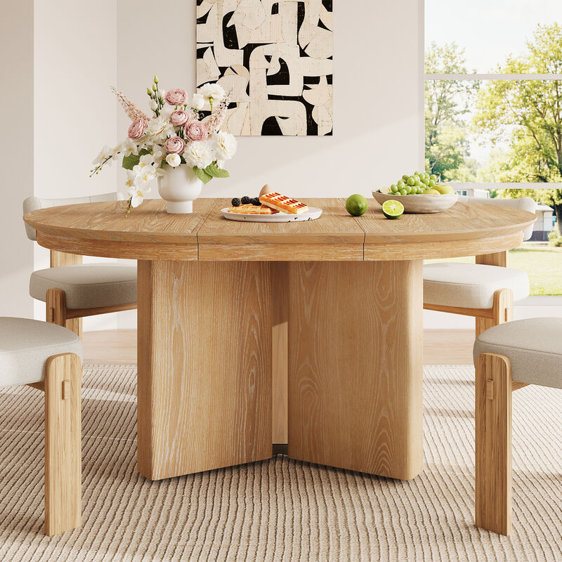 Merax Extendable Oval Dining Table with Pedestal Base & 220lbs Capacity &ndash; Oak Grain Finish image number 2