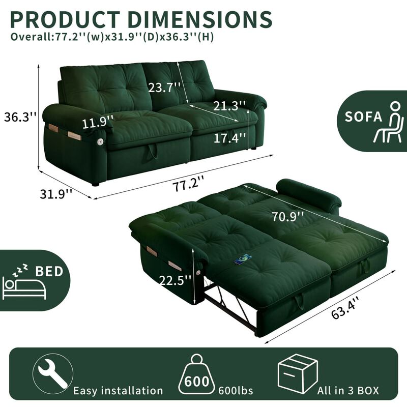 77 inch Convertible sleeper sofa bed, Plush fabric loveseat futon with USB ports and side pockets, sofa bed for small apartments image number 2