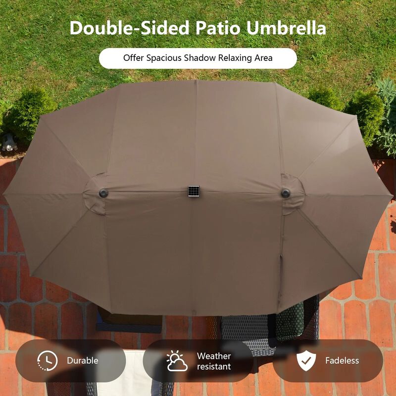 Mondawe 9-Piece Patio Dining Set,71" Acacia Table With 15ft Solar LED Umbrella & PE Rattan Chairs