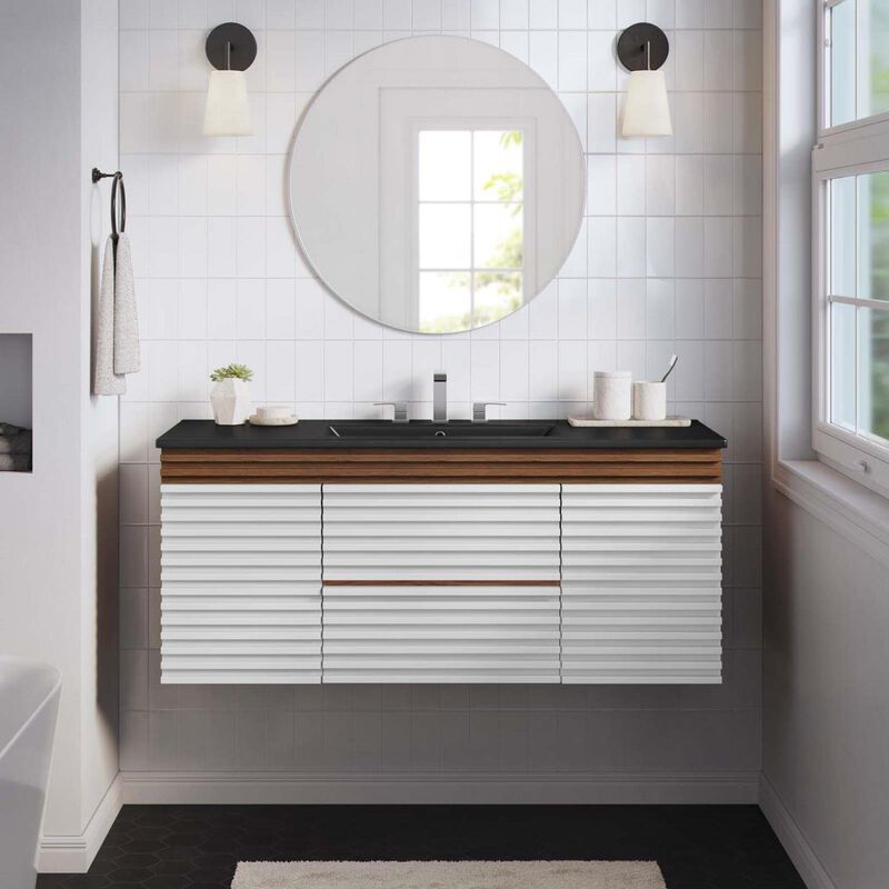 Modway Render 48" Wood Wall-Mount Bathroom Vanity - White/Walnut/Black image number 3