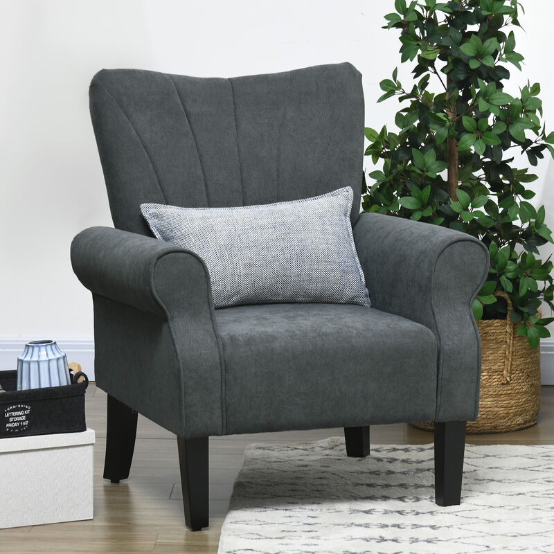 HOMCOM Fabric Accent Chair, Mid-Century Modern Armchair with Wood Legs, Soft & Padded, Rolled Arms, Upholstered Single Sofa Side Chair for Living Room, Dark Gray