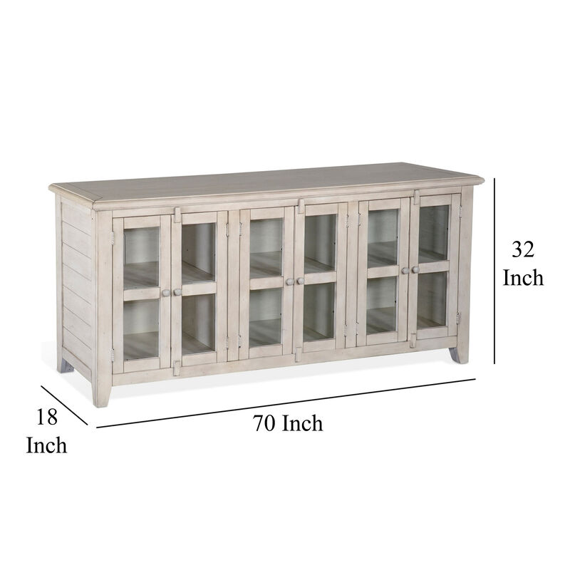 Yael TV Media Console, 6 Shelves, Glass Doors, White Mahogany, 70 Inch - Benzara