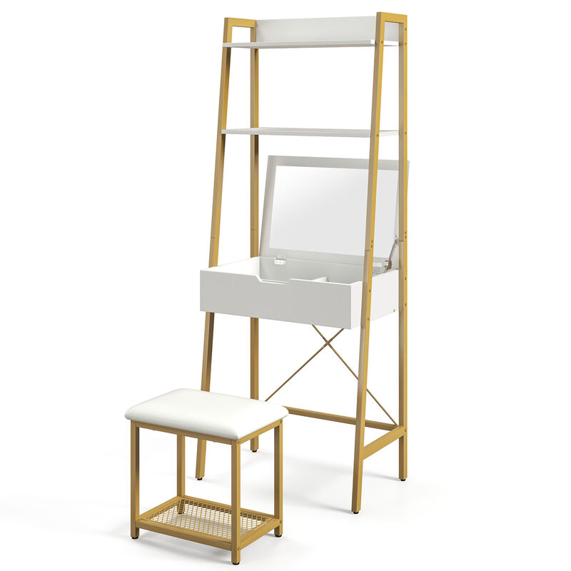 Ladder Vanity Desk Set with Flip Top Mirror and Cushioned Stool