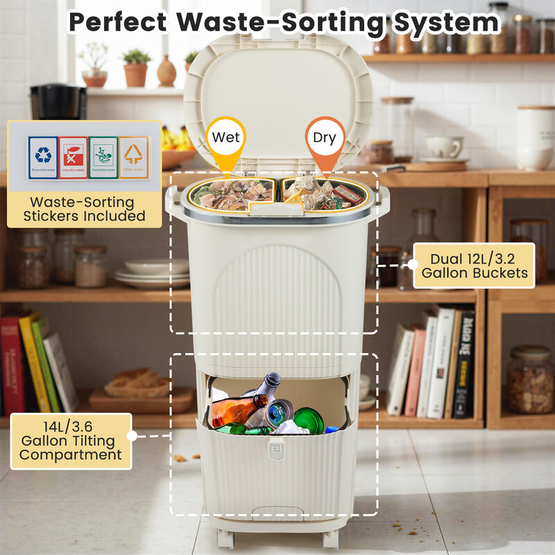 Beige 10 Gal Kitchen Garbage Can with Double Layers and Two Removable Buckets image number 5