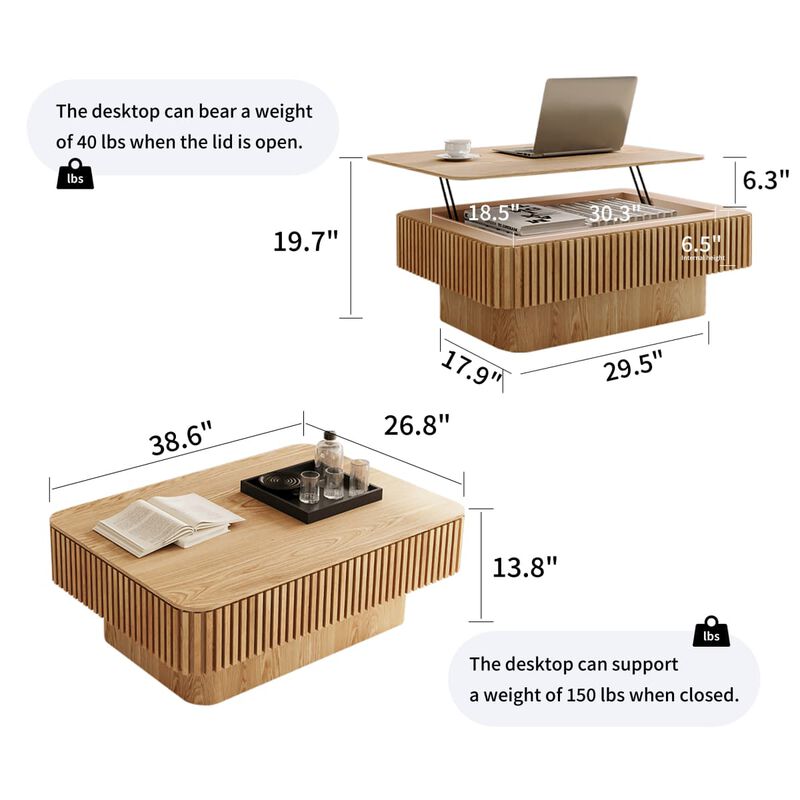 Rectangular lift top coffee table Coffee table with hidden storage and soft close Fluted MDF and solid wood veneer coffee table image number 2