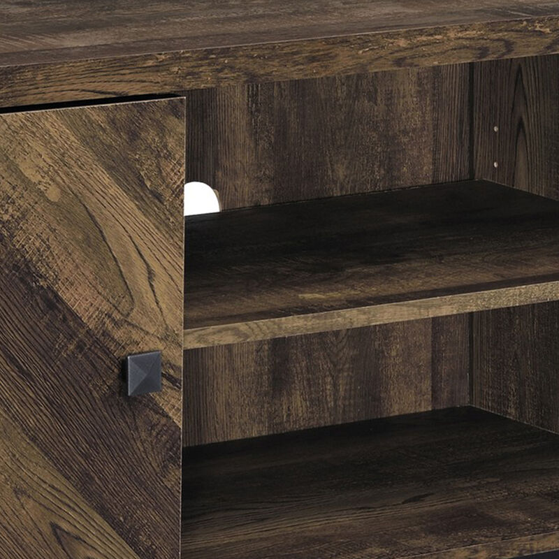 60 Inch TV Media Console Cabinet, 2 Herringbone Doors, Rustic Brown Wood - Benzara
