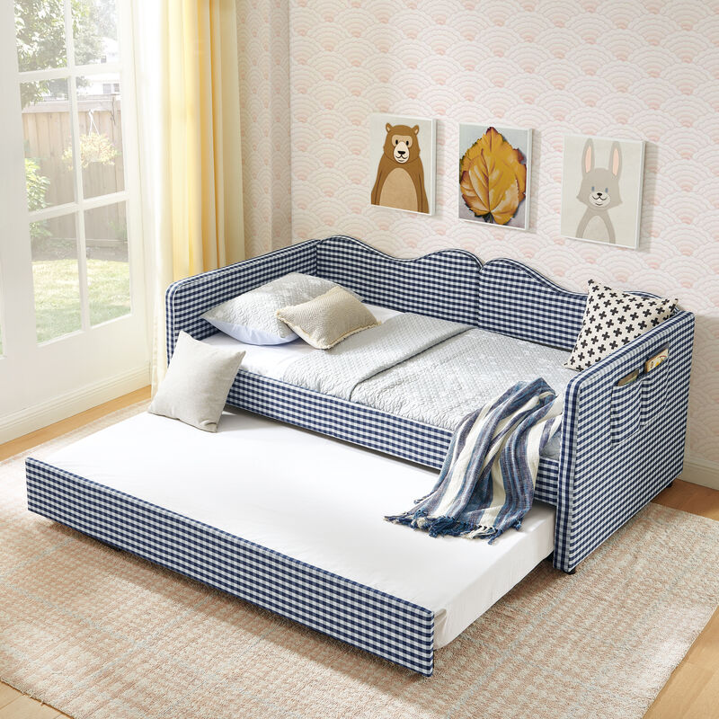 Merax Gingham Daybed with Trundle & Guardrails &ndash; Solid Wood Frame, Side Storage Pocket image number 3