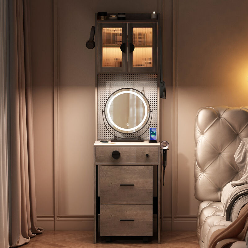 Small Vanity Desk with Mirror and LED Lights &ndash; Compact Makeup Table with Illuminated Mirror and Storage