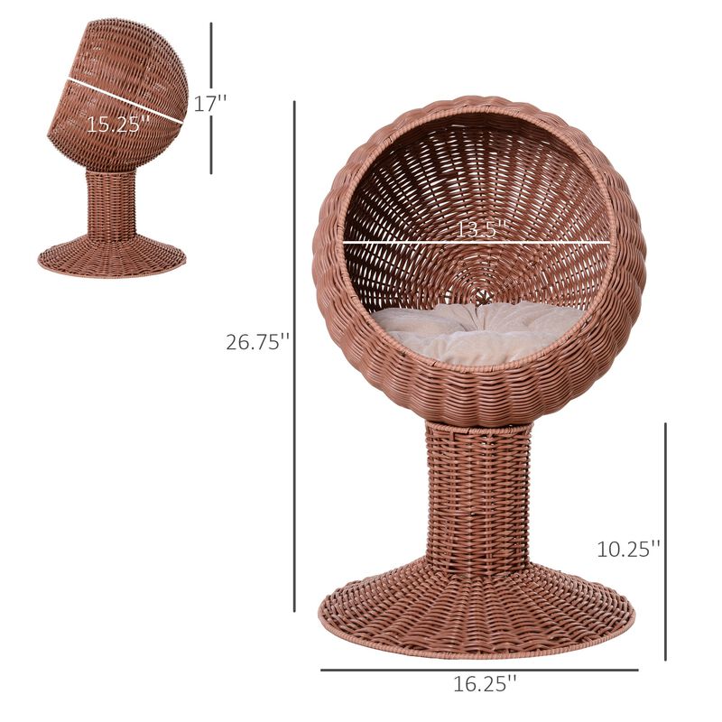 27" Hooded Wicker Elevated Cat Bed Rattan Kitten Condo Round with Cushion, Brown image number 3