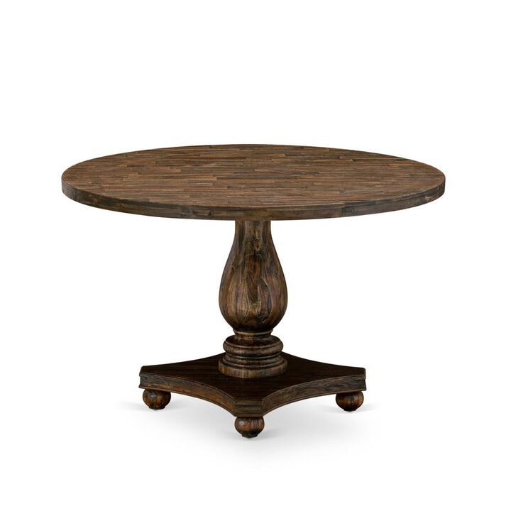 East West Furniture IRVING Round Dining Table with Pedestal - Rustic Rubberwood Table in Distressed Jacobean Finish, 48 Inch